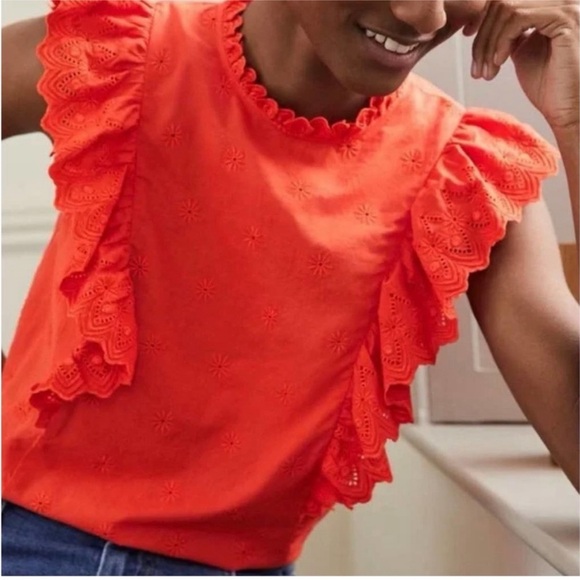 BODEN Nina Sleeveless Broderie Ruffle Eyelet Top Sz 12 Bright Papaya - Picture 11 of 11